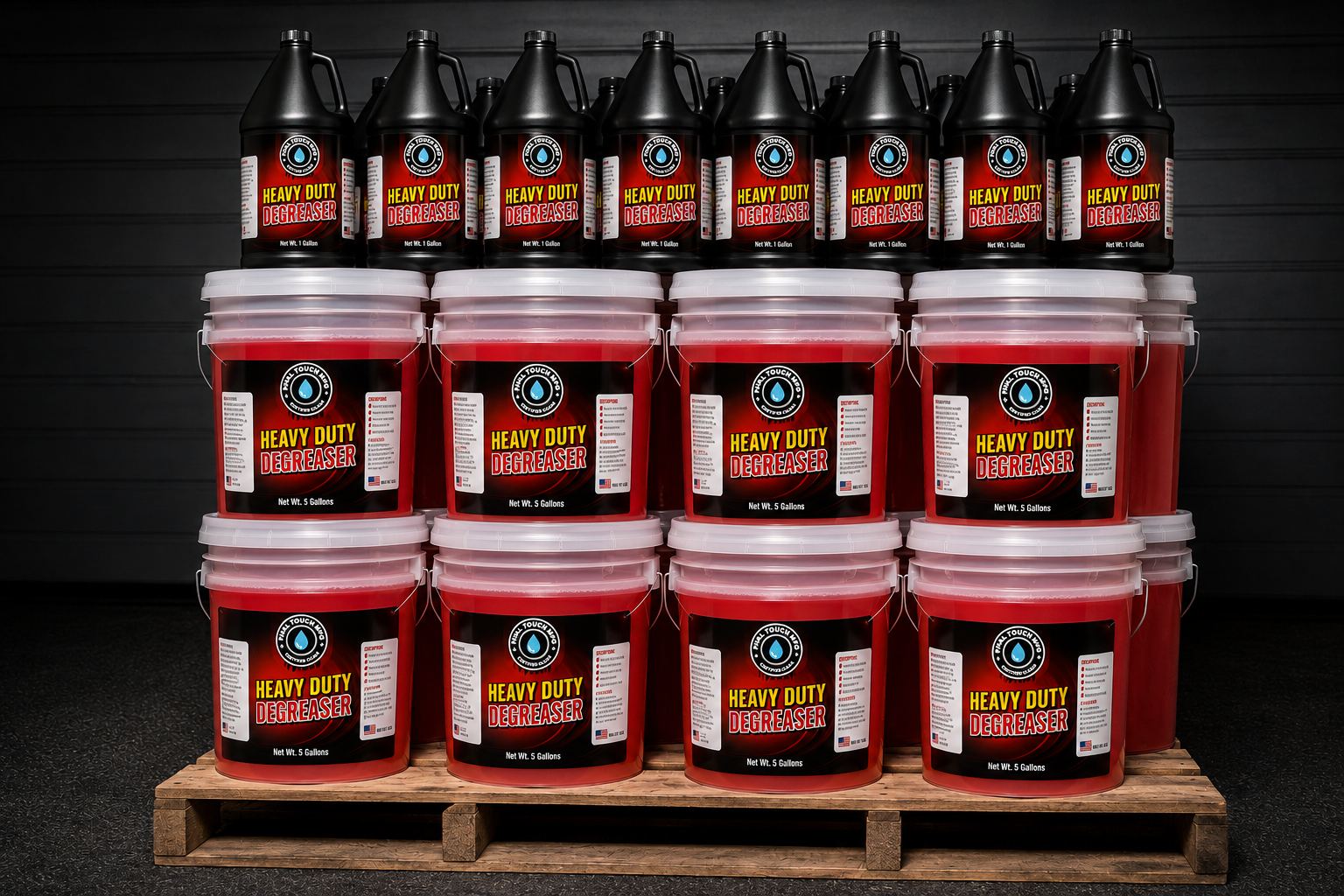 Pallet of Final Touch Heavy Duty Degreaser buckets and gallons